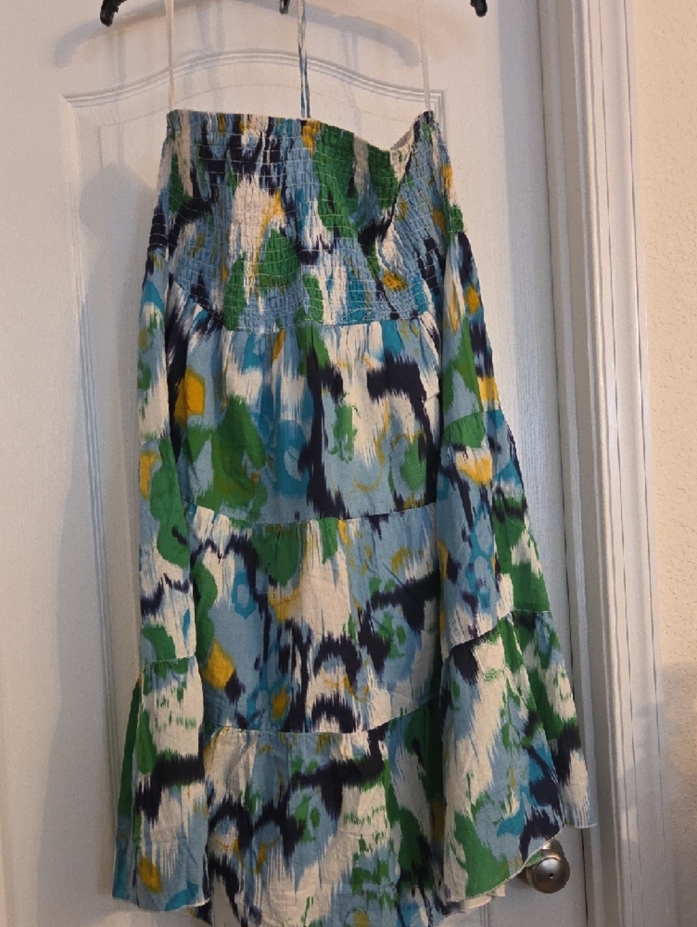 Plus Sz Smocked Waist Multicolor Maxi Skirt Or Dress - Blue Green Yellow & White - Picture 13 of 14